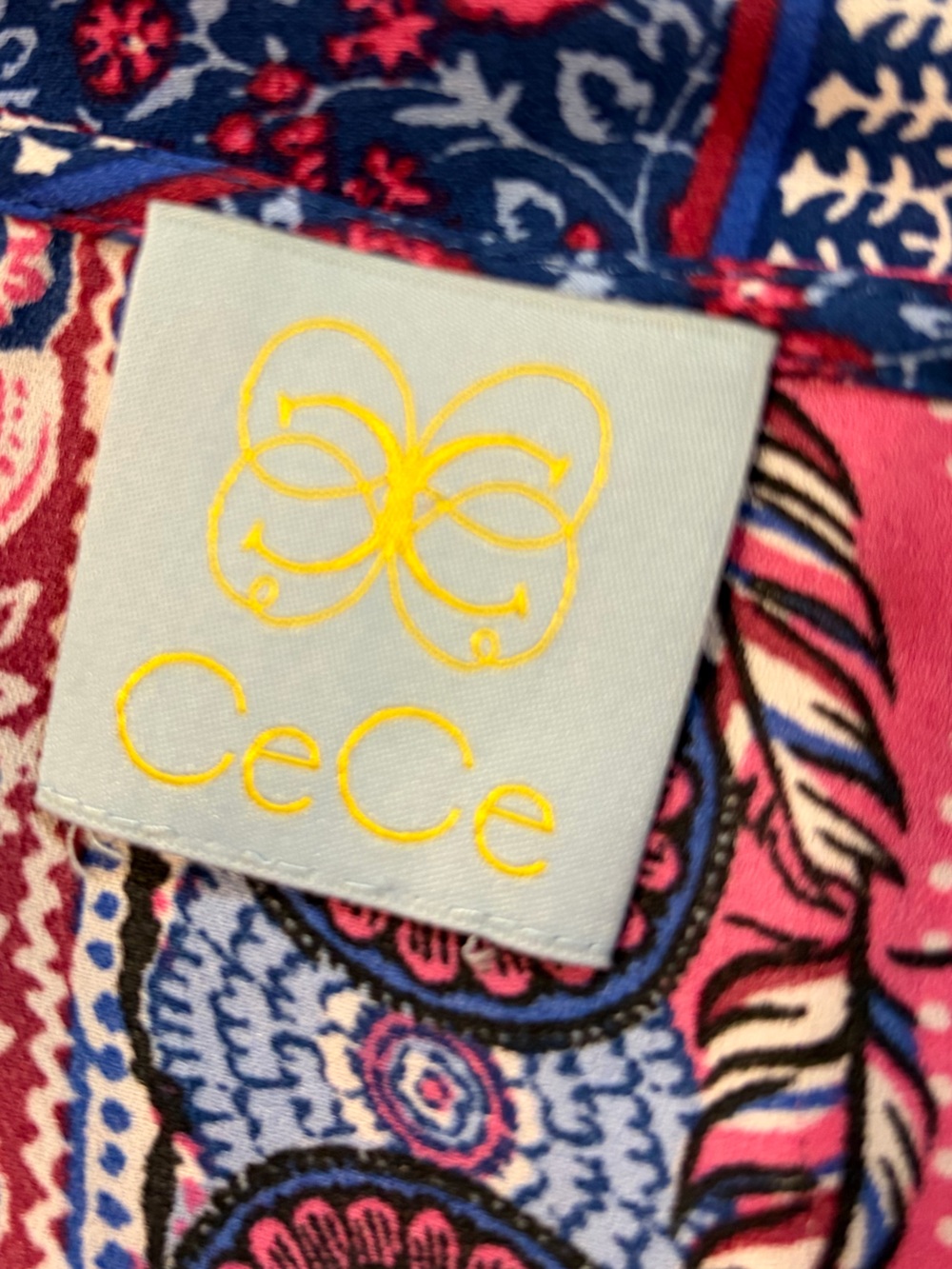 CeCe Pink & Blue Mixed-Print Wrap Long Sleeve jumpsuit. - Picture 6 of 6
